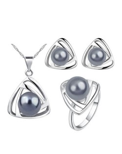 Pearl Inlaid Artistic Triangle Design Fashion Necklace Earrings and Ring Set - Gray