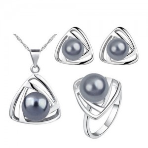 Pearl Inlaid Artistic Triangle Design Fashion Necklace Earrings and Ring Set - Gray