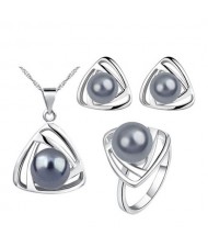 Pearl Inlaid Artistic Triangle Design Fashion Necklace Earrings and Ring Set - Gray
