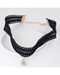 Round Gem Pendant Hollow Black Lace Costume Necklace