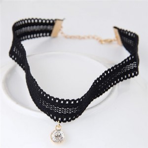 Round Gem Pendant Hollow Black Lace Costume Necklace