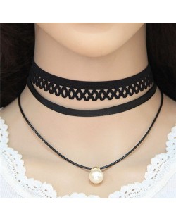 Pearl Pendant Triple Layers Black Lace Costume Necklace