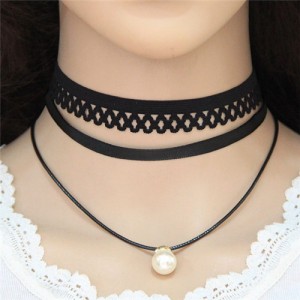 Pearl Pendant Triple Layers Black Lace Costume Necklace
