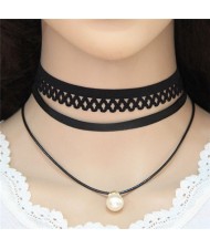 Pearl Pendant Triple Layers Black Lace Costume Necklace
