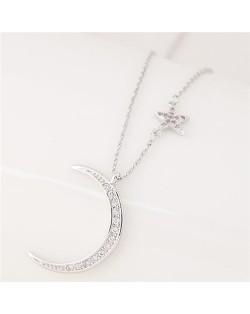 Korean Fashion Graceful Moon and Star Design Costume Necklace - Silver