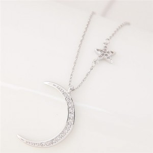 Korean Fashion Graceful Moon and Star Design Costume Necklace - Silver