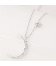 Korean Fashion Graceful Moon and Star Design Costume Necklace - Silver