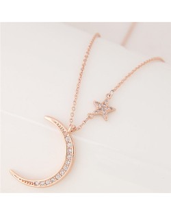 Korean Fashion Graceful Moon and Star Design Costume Necklace - Golden
