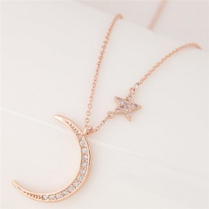 Korean Fashion Graceful Moon and Star Design Costume Necklace - Golden