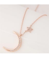 Korean Fashion Graceful Moon and Star Design Costume Necklace - Golden