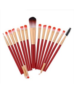 15 pcs Solid Plain Color Handle Fashion Makeup Brushes Set - Red