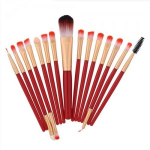 15 pcs Solid Plain Color Handle Fashion Makeup Brushes Set - Red