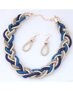 Golden and Blue Dough Twist Weaving Design Fashion Costume Necklace and Earrings Set