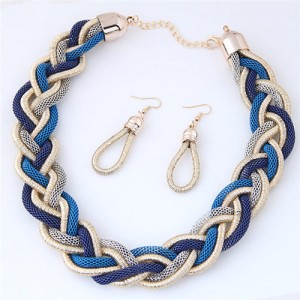 Golden and Blue Dough Twist Weaving Design Fashion Costume Necklace and Earrings Set