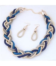 Golden and Blue Dough Twist Weaving Design Fashion Costume Necklace and Earrings Set