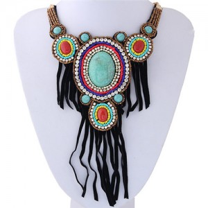 Rhinestone and Resin Gems Inlaid Cloth Tassel Design Beads Collar Necklace