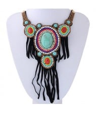 Rhinestone and Resin Gems Inlaid Cloth Tassel Design Beads Collar Necklace