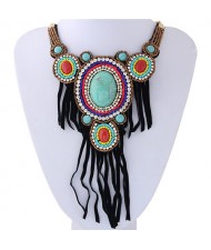 Rhinestone and Resin Gems Inlaid Cloth Tassel Design Beads Collar Necklace