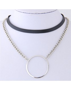 Ring Pendant Dual Layers Leather and Alloy Chain Combo Short Necklace - Silver