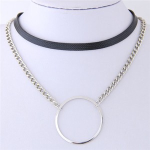 Ring Pendant Dual Layers Leather and Alloy Chain Combo Short Necklace - Silver
