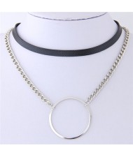 Ring Pendant Dual Layers Leather and Alloy Chain Combo Short Necklace - Silver