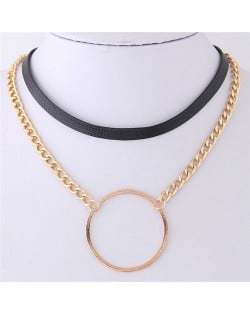 Ring Pendant Dual Layers Leather and Alloy Chain Combo Short Necklace - Golden