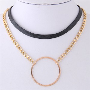 Ring Pendant Dual Layers Leather and Alloy Chain Combo Short Necklace - Golden