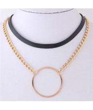 Ring Pendant Dual Layers Leather and Alloy Chain Combo Short Necklace - Golden