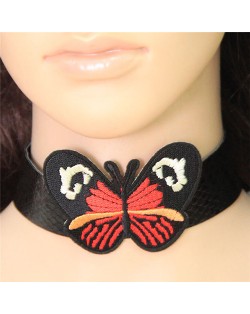 White and Red Pattern Butterfly Embroidery High Fashion Choker Necklace