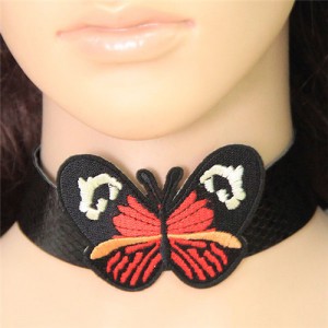 White and Red Pattern Butterfly Embroidery High Fashion Choker Necklace