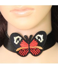 White and Red Pattern Butterfly Embroidery High Fashion Choker Necklace