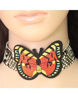 Red and Yellow Wings Butterfly Embroidery Fashion Choker Necklace