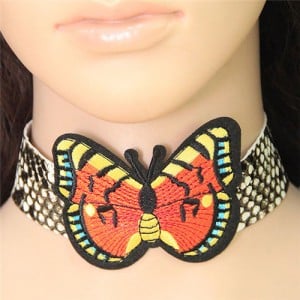Red and Yellow Wings Butterfly Embroidery Fashion Choker Necklace