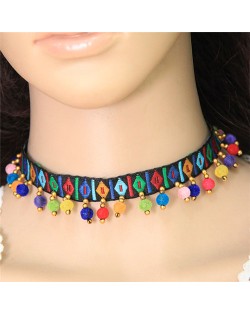 Colorful Fluffy Mini Balls Decorated Folk Fashion Choker Necklace - Black