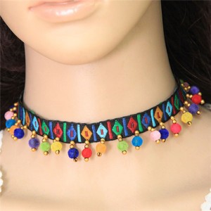 Colorful Fluffy Mini Balls Decorated Folk Fashion Choker Necklace - Black