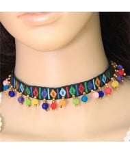 Colorful Fluffy Mini Balls Decorated Folk Fashion Choker Necklace - Black