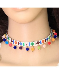 Colorful Fluffy Mini Balls Decorated Folk Fashion Choker Necklace - White