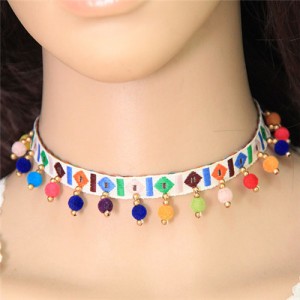 Colorful Fluffy Mini Balls Decorated Folk Fashion Choker Necklace - White