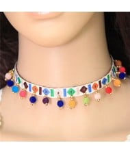 Colorful Fluffy Mini Balls Decorated Folk Fashion Choker Necklace - White