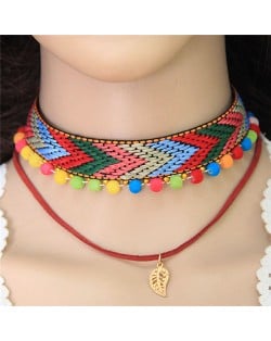 Golden Leaf Pendant Colorful Fluffy Mini Balls Mixed Color Arrow Pattern Weaving Fashion Choker Necklace