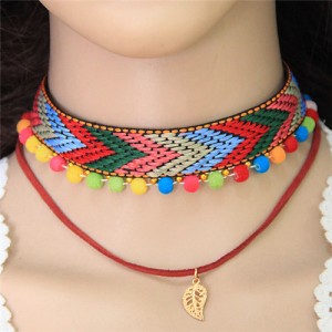 Golden Leaf Pendant Colorful Fluffy Mini Balls Mixed Color Arrow Pattern Weaving Fashion Choker Necklace