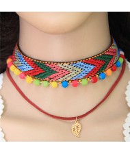 Golden Leaf Pendant Colorful Fluffy Mini Balls Mixed Color Arrow Pattern Weaving Fashion Choker Necklace