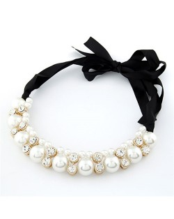 Shining Rhinestone and Pearl Combo Bowknot Silk Ribbon Costume Necklace