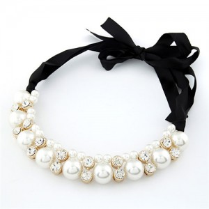 Shining Rhinestone and Pearl Combo Bowknot Silk Ribbon Costume Necklace
