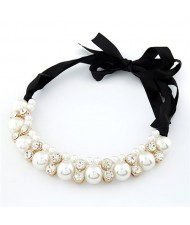 Shining Rhinestone and Pearl Combo Bowknot Silk Ribbon Costume Necklace