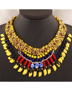 Beads and Multi-layer Weaving Design Bohemian Fashion Statement Necklace - Yellow