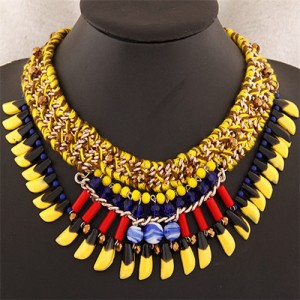 Beads and Multi-layer Weaving Design Bohemian Fashion Statement Necklace - Yellow