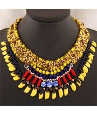 Beads and Multi-layer Weaving Design Bohemian Fashion Statement Necklace - Yellow