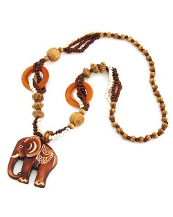 Vintage Carving Wooden Elephant Pendant Beads Fashion Necklace