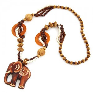 Vintage Carving Wooden Elephant Pendant Beads Fashion Necklace